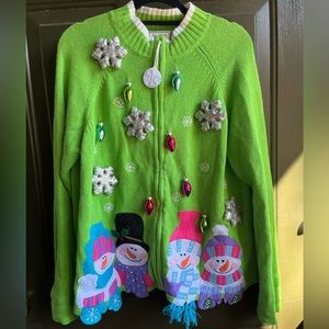 Green Ugly Snowman Christmas Zip Up Sweater | Snowflakes | Ornaments | Medium